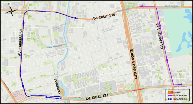 cierre por carriles en sentido occidente - oriente del puente vehicular de la Av. Calle 127 con Autopista Norte