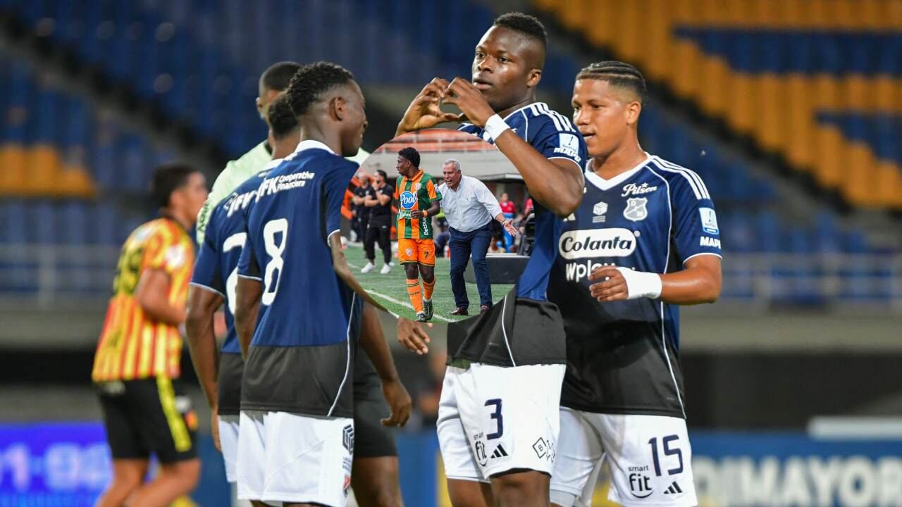 Independiente Medellín celebra uno de los goles ante Pereira. Hernán Torres da instrucciones a Millonarios contra Envigado.
