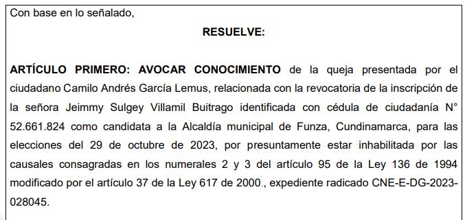 Solicitud revocatoria Jeimmy Villamil, candidata a la Alcaldía de Funza.