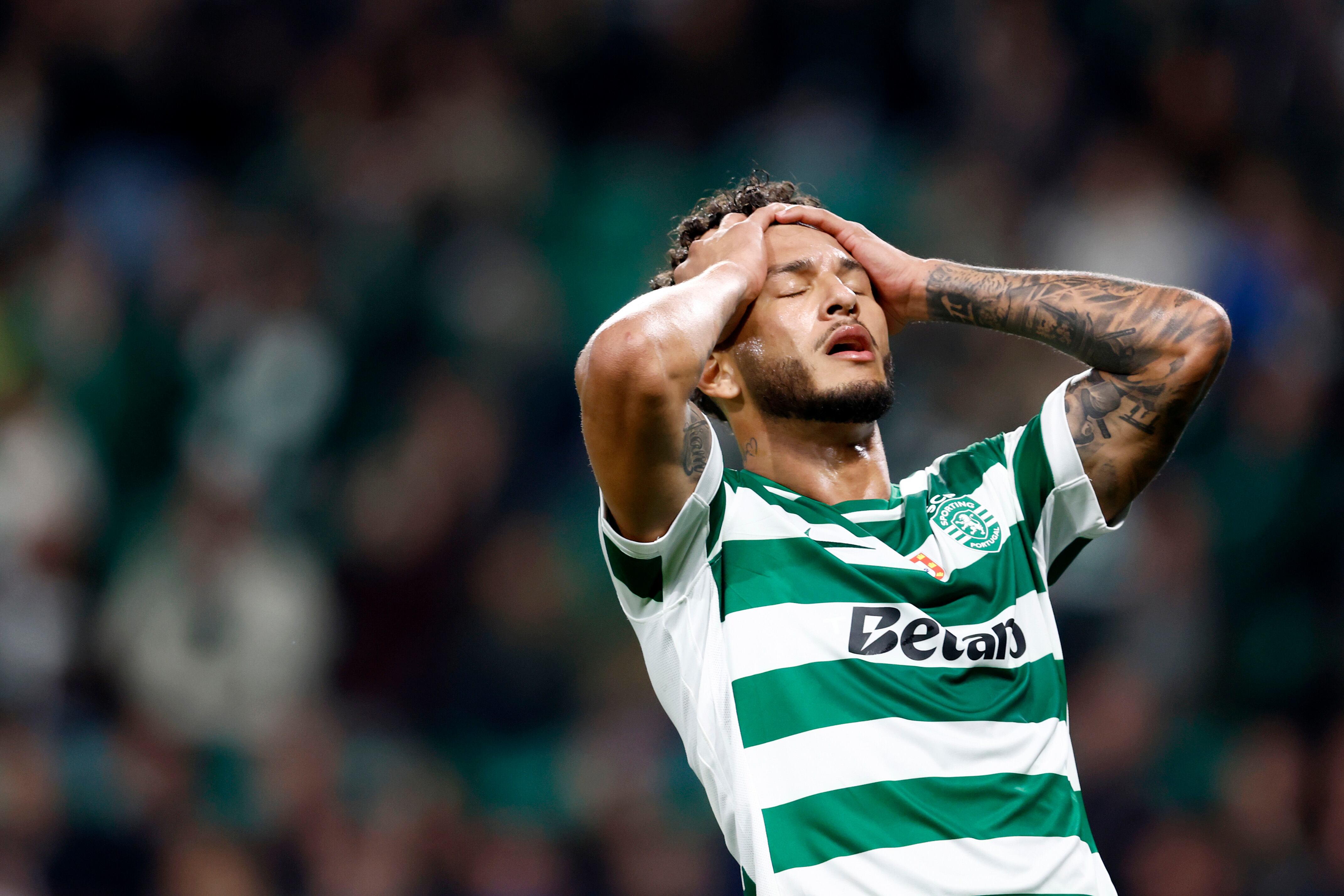 LISBON, PORTUGAL - NOVEMBER 26: Luis Suarez of Sporting CP disappointed  during the UEFA Champions League  match between Sporting CP v Club Brugge at the Estadio Jose Alvalade on November 26, 2025 in Lisbon Portugal (Photo by Eric Verhoeven/Soccrates/Getty Images)