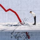 el hombre mira la flecha roja 3d rompió el piso