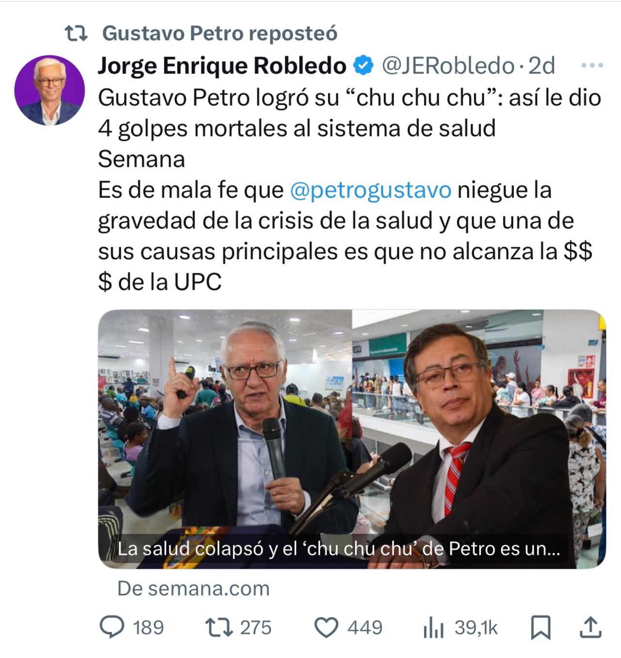 Mensaje que compartió Petro en sus redes sociales