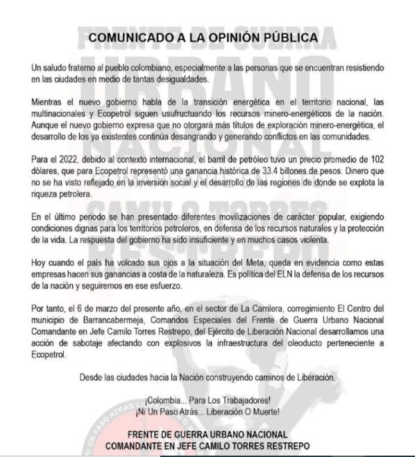 Eln se atribuye responsabilidad del atentado contra Ecopetrol.