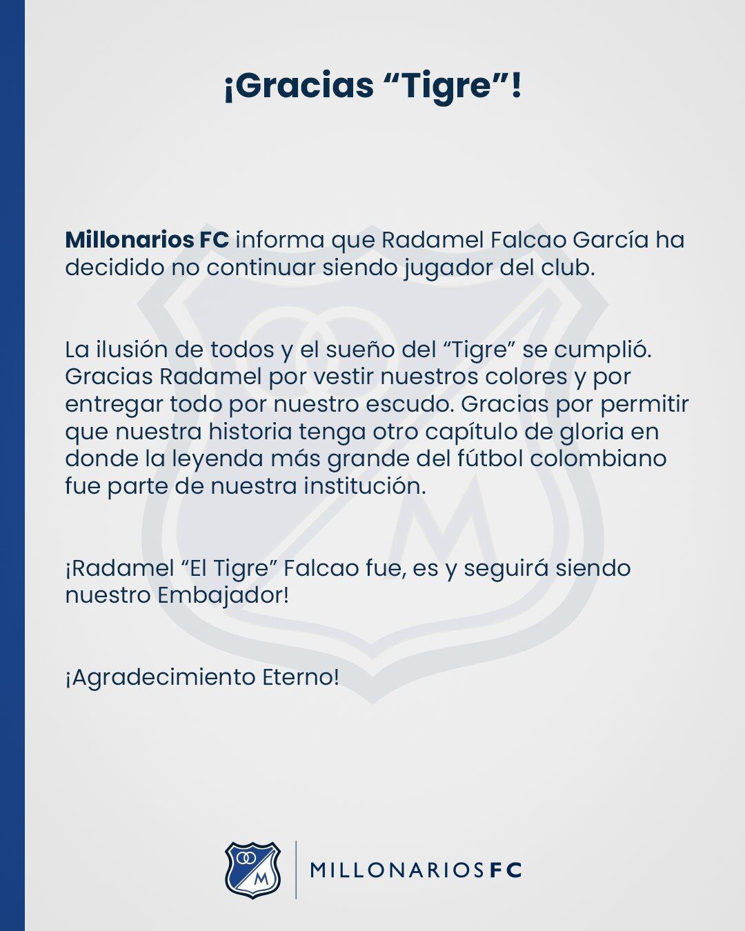 Comunicado oficial sobre la salida de Falcao de Millonarios.