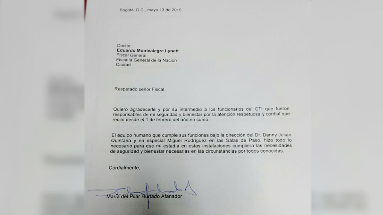 Carta de María del Pilar Hurtado al despacho del fiscal general, Eduardo Montealegre.