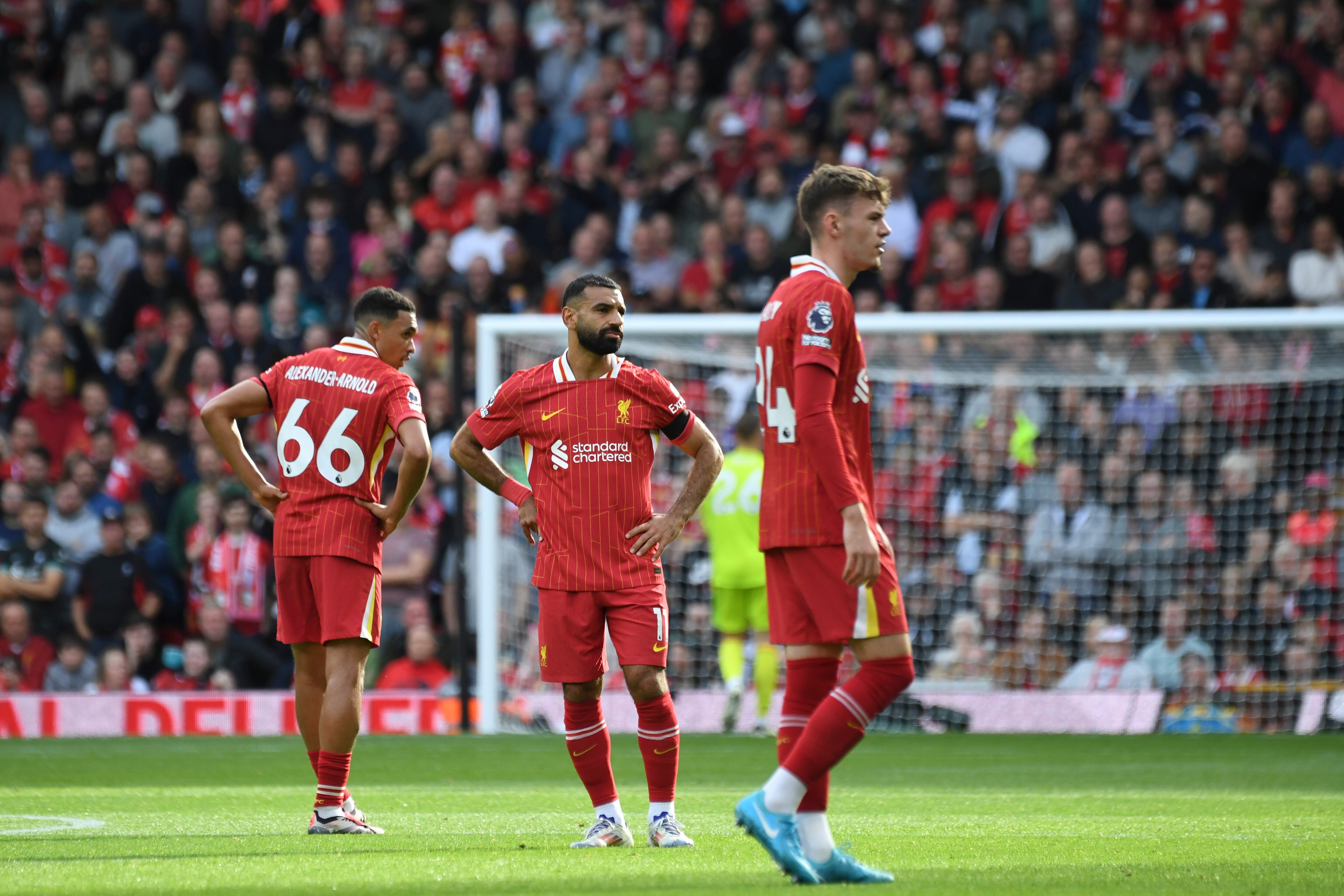 Liverpool's players react after Nottingham Forest's Callum Hudson-Odoi scoring during the English Premier League soccer match between Liverpool and Nottingham Forest at Anfield Stadium in Liverpool, England, Saturday, Sept. 14, 2024. (AP Photo/Rui Vieira)