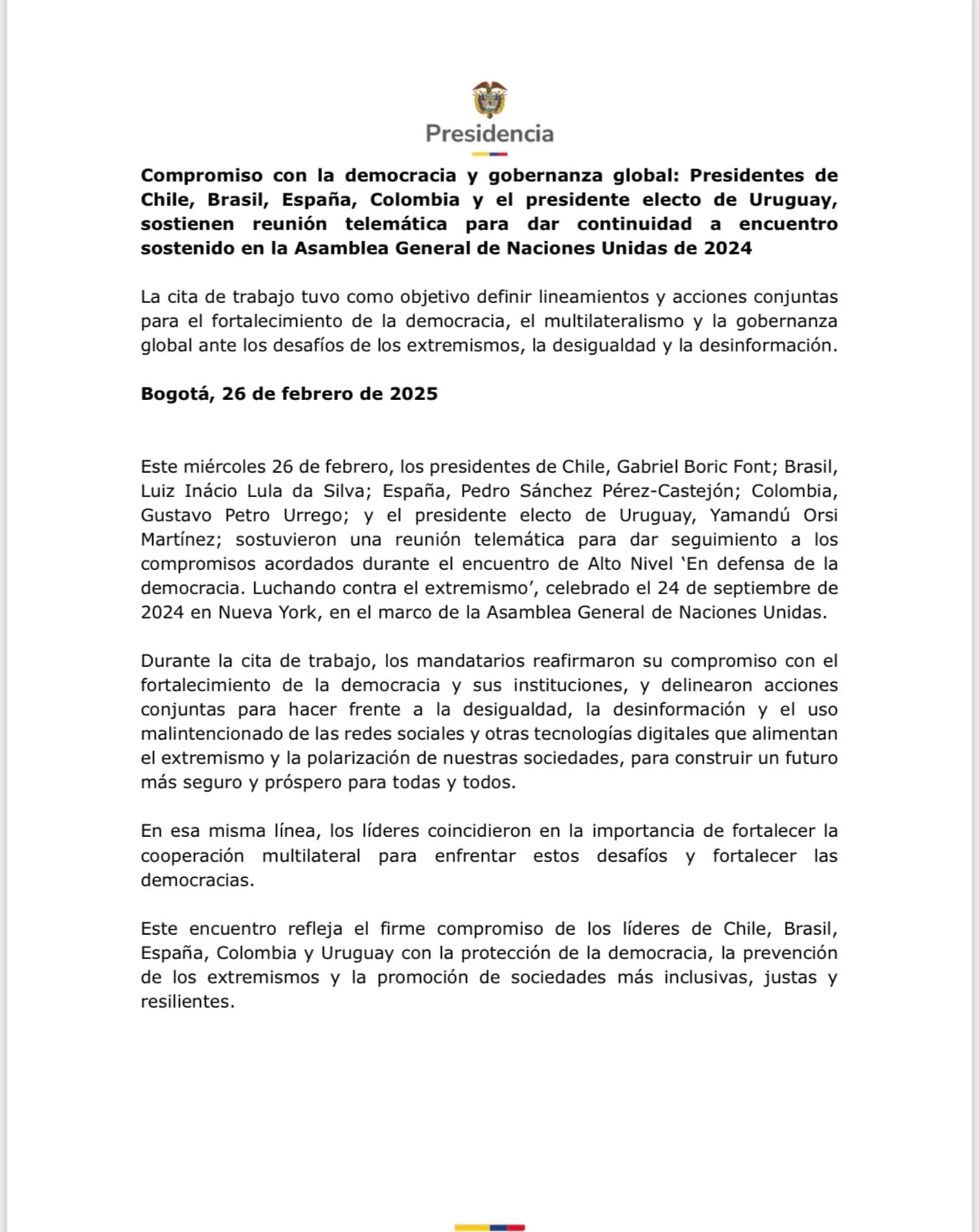 Comunicado Casa de Nariño