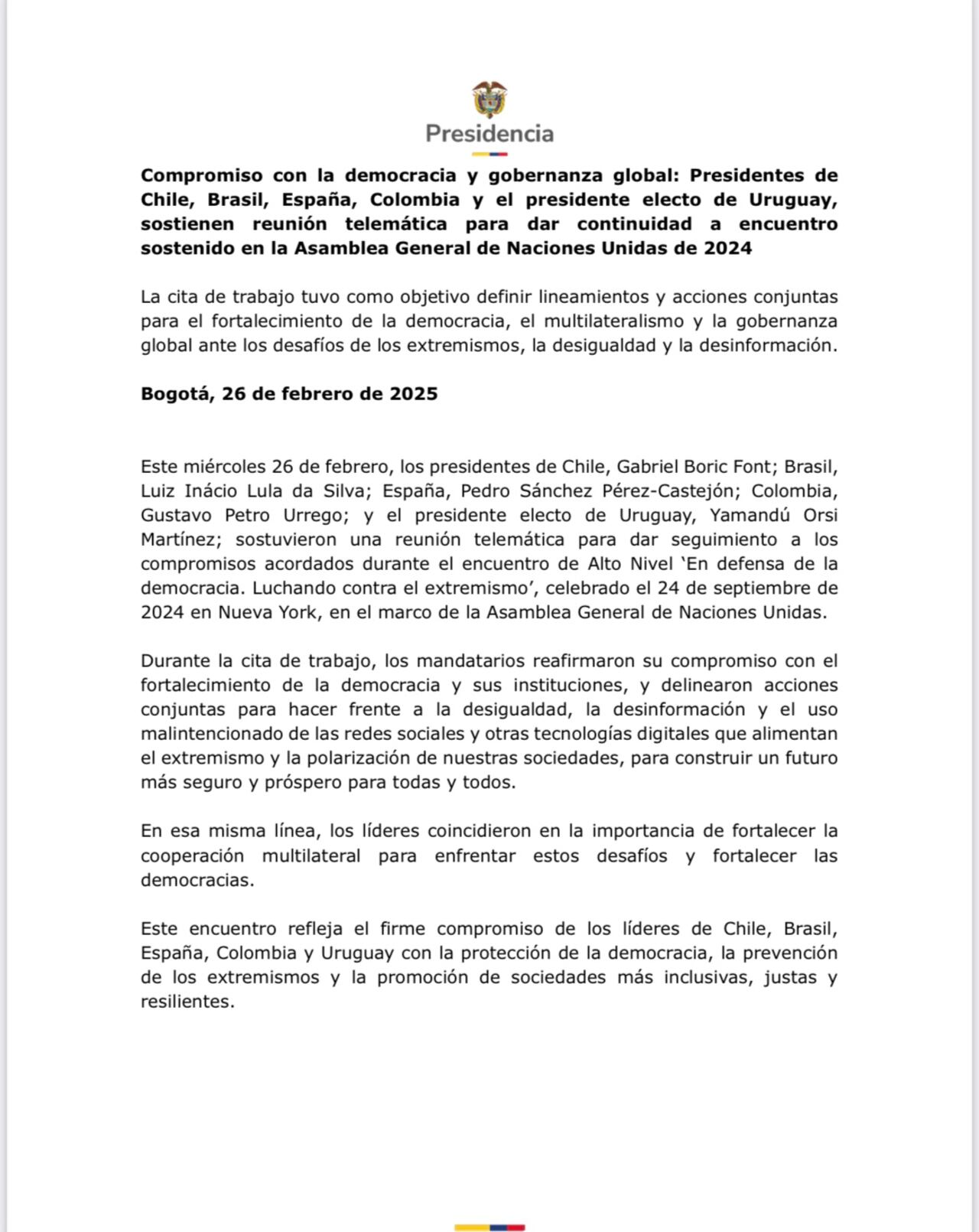 Comunicado Casa de Nariño