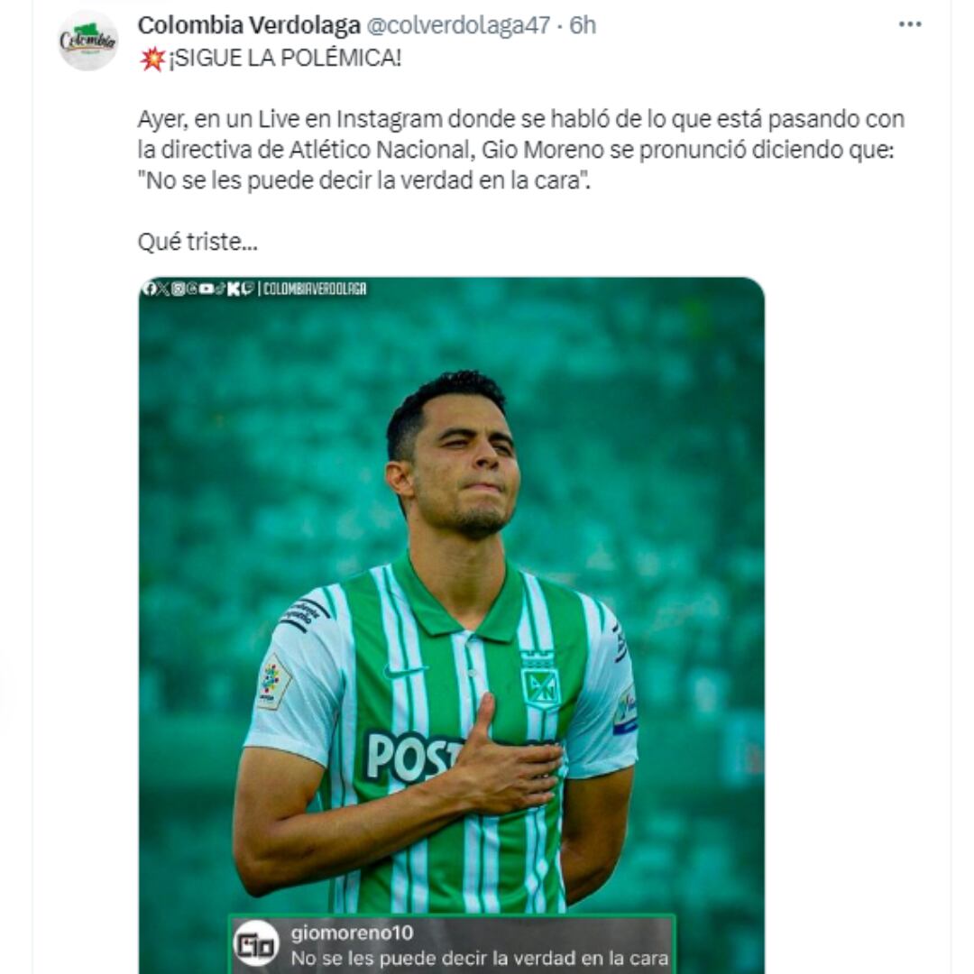 Tweet de Colombia Verdolaga con las declaraciones de Gio Moreno