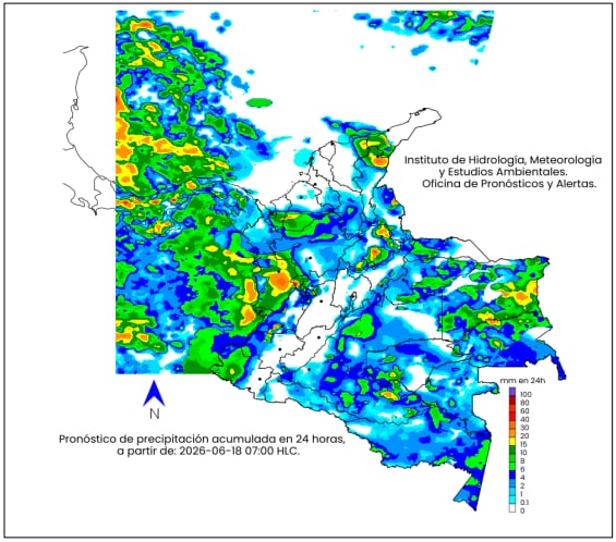 Mapa del clima en Colombia del jueves 18 de junio.