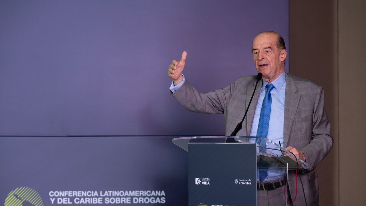 El canciller Álvaro Leyva durante su intervención en la Conferencia sobre Drogas que se realiza en Cali.
