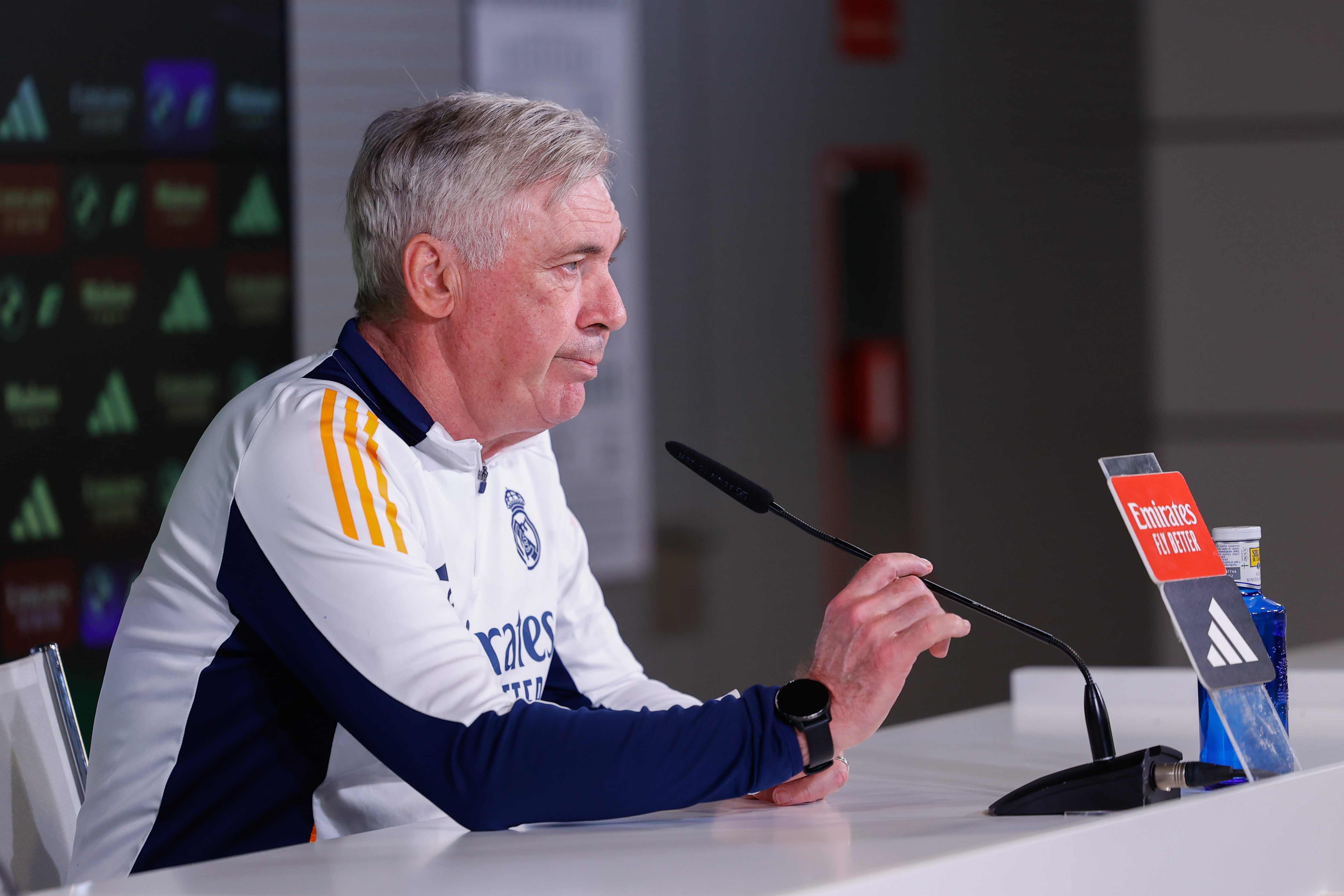 MADRID, SPAIN - JANUARY 24: Carlo Ancelotti, head coach of Real Madrid, gives a press conference during the training day of Real Madrid ahead the Spanish League, LaLiga EA Sports, football match against Real Valladolid at Ciudad Deportiva Real Madrid on January 24, 2025, in Valdebebas, Madrid, Spain. (Photo By Dennis Agyeman/Europa Press via Getty Images)