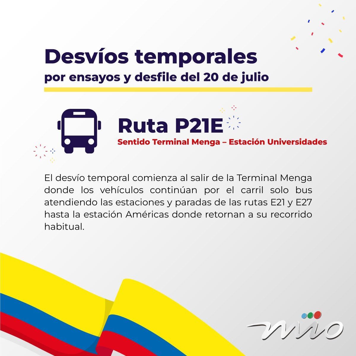 Desvíos en las rutas del MÍO por los ensayos y el desfile militar de este 20 de julio, Día de la Independencia de Colombia.