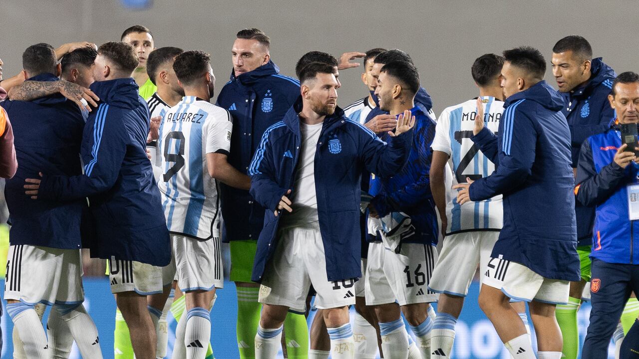 Argentina's Lionel Messi celebrates with teammates after the FIFA World Cup 2026 Qualifier match between Argentina and Ecuador at Estadio Mas Monumental Antonio Vespucio Liberti on September 07, 2023 in Buenos Aires, Argentina. (Photo by Matias Baglietto/NurPhoto via Getty Images)