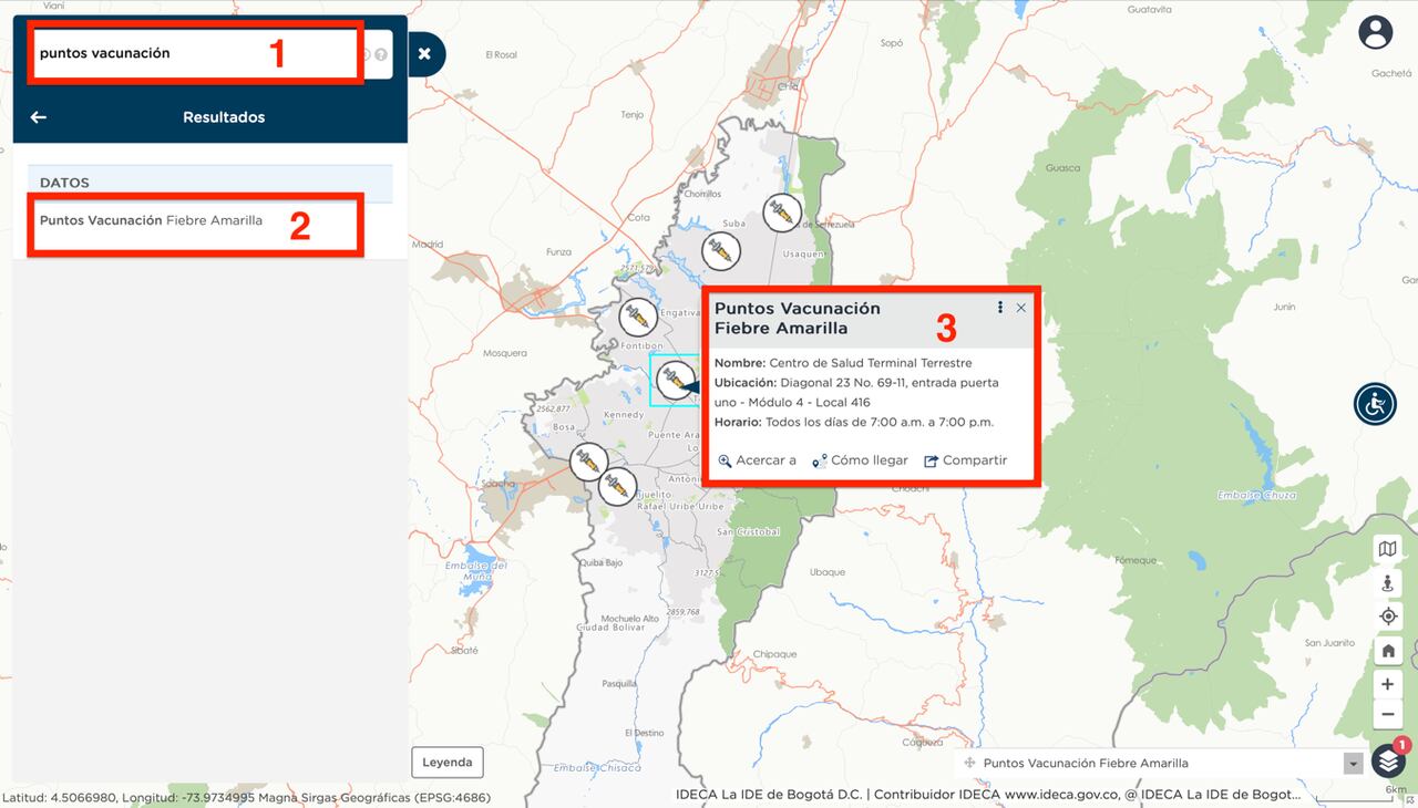 Consulta con Mapas Bogotá, los puntos de vacunación contra la fiebre amarilla en Bogotá.