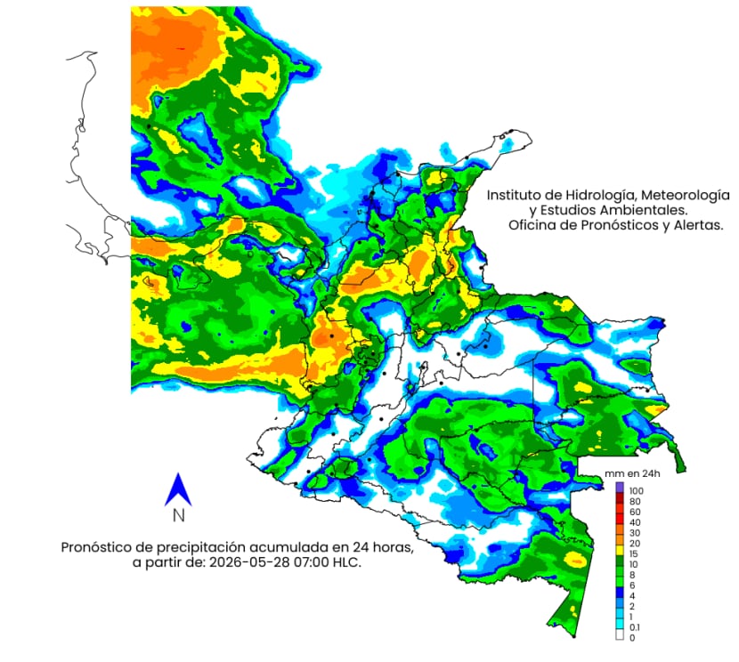 Mapa climático de Colombia para el jueves 28 de mayo.