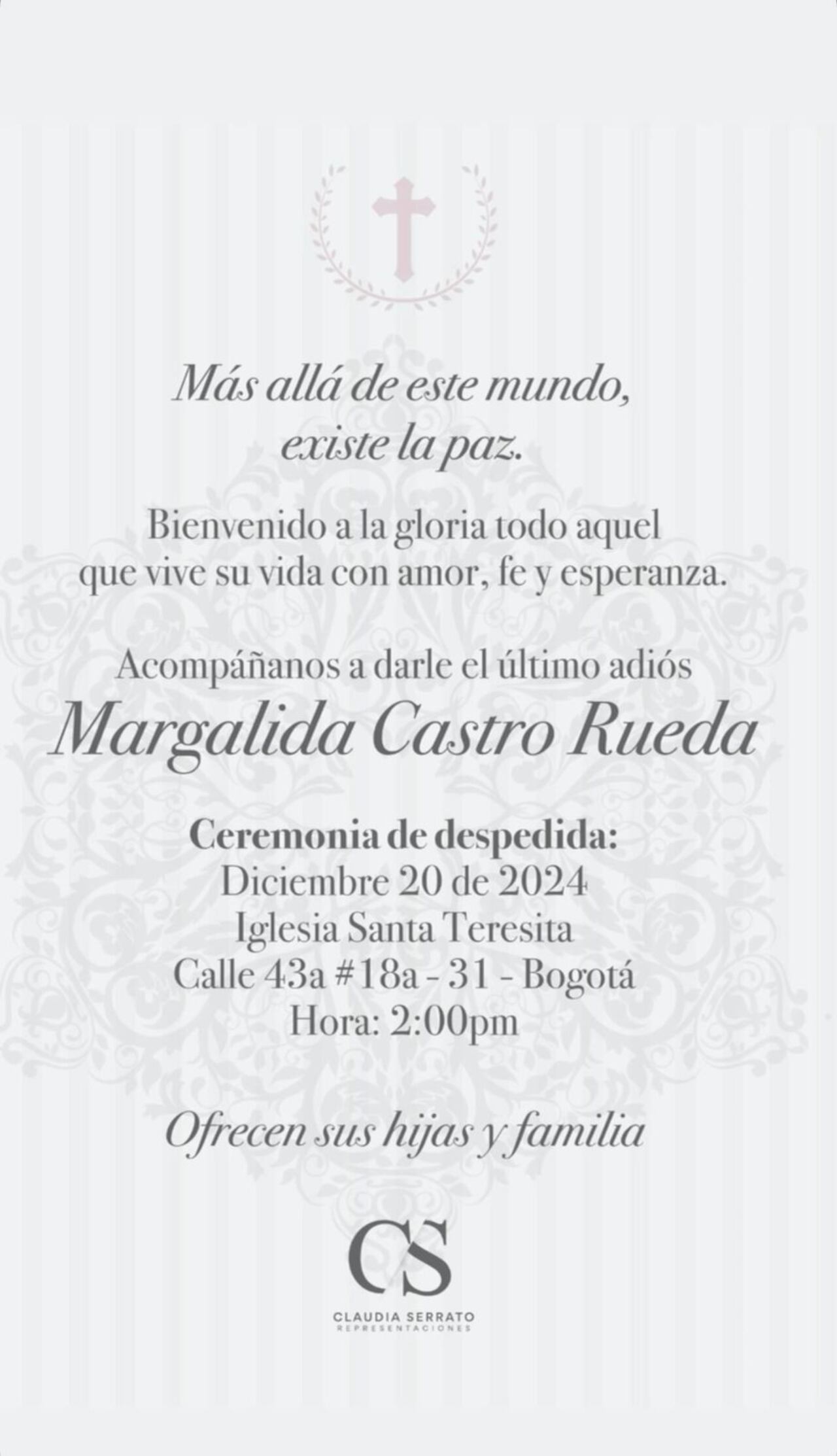 Claudia Serrato compartió en redes sociales información sobre las exequias de Margalida Castro.