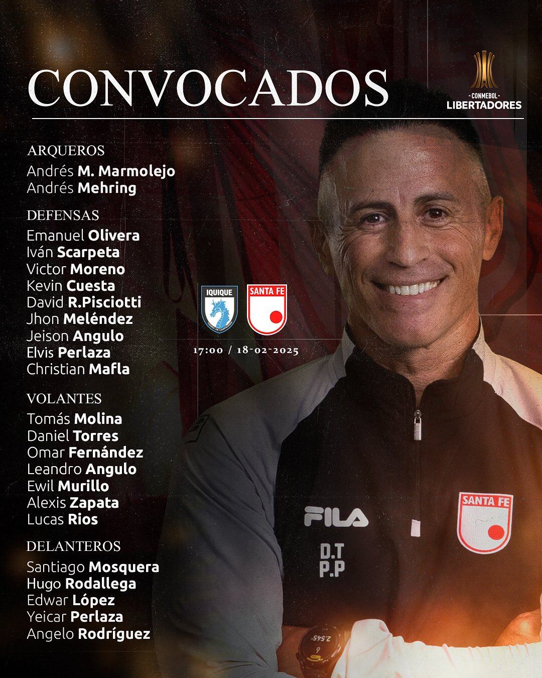 Convocados de Santa Fe para enfrentar a Deportes Iquique por la fase 2 de la Copa Libertadores 2025.