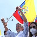 GUAYAQUIL, ECUADOR - APRIL 08: Presidential candidate Guillermo Lasso waves at supporters during the closing event of his presidential campaign at Yatch Club Naval on April 8, 2021 in Guayaquil, Ecuador. (Photo by Gerardo Menoscal/Agencia Press South/Getty Images)