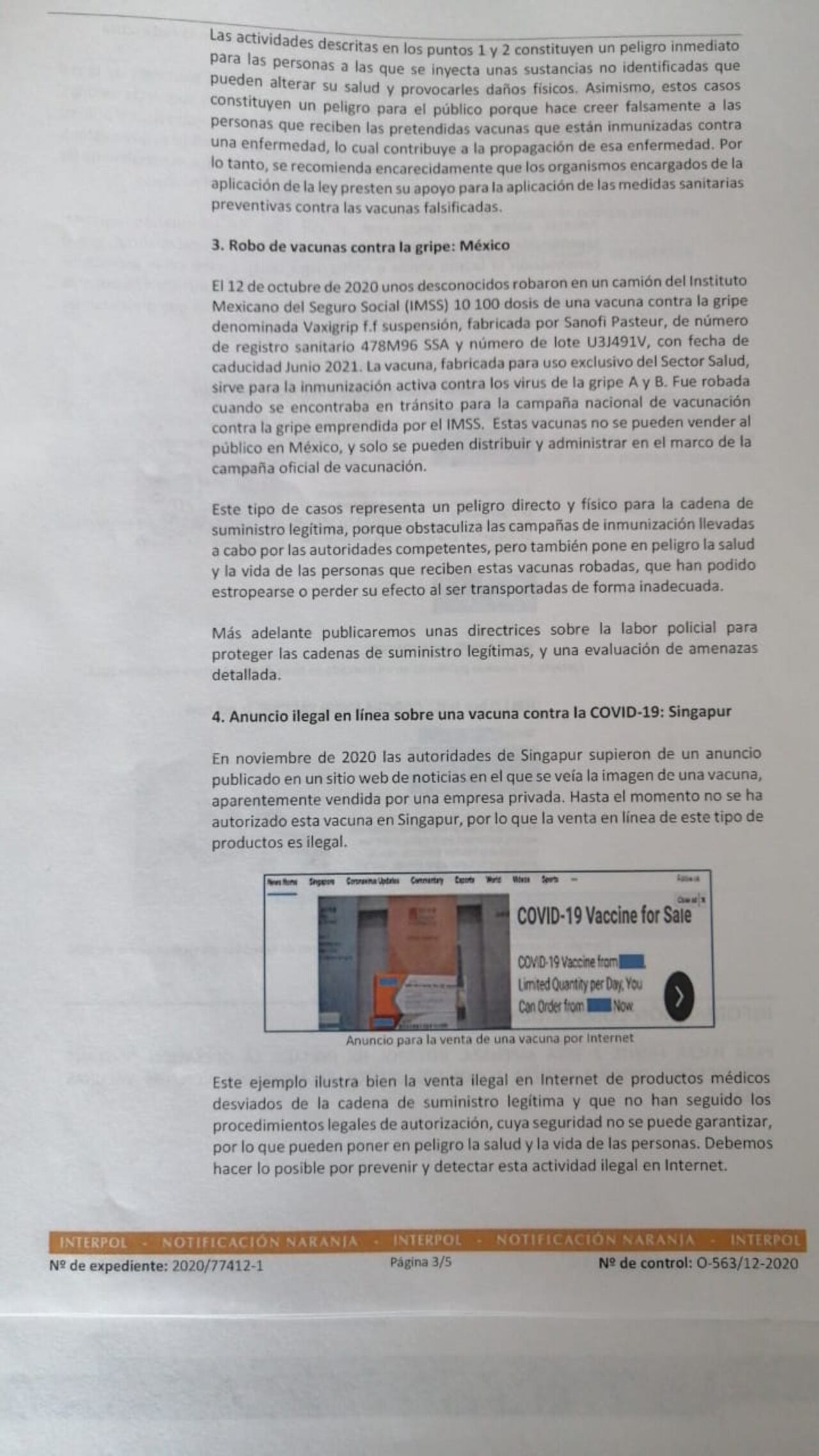 Advertencia sobre delitos en otros países relacionados con las vacunas contra el Covid.