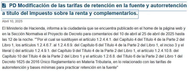 Proyecto de decreto para modificar la Retención en la Fuente