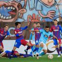 Celta Vigo's Fran Beltran, 2nd right, controls the ball during a Spanish La Liga soccer match between Celta and Barcelona at the Balaidos stadium in Vigo, Spain, Saturday, Nov. 6, 2021. (AP Photo/Lalo R. Villar)