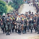 En San Vicente del Caguán las Farc hicieron gala del podería militar que habían alcanzado. Acá aparecen la mayoría de los miembros del Secretariado el día del Movimiento Bolivariano para una Nueva Colombia.