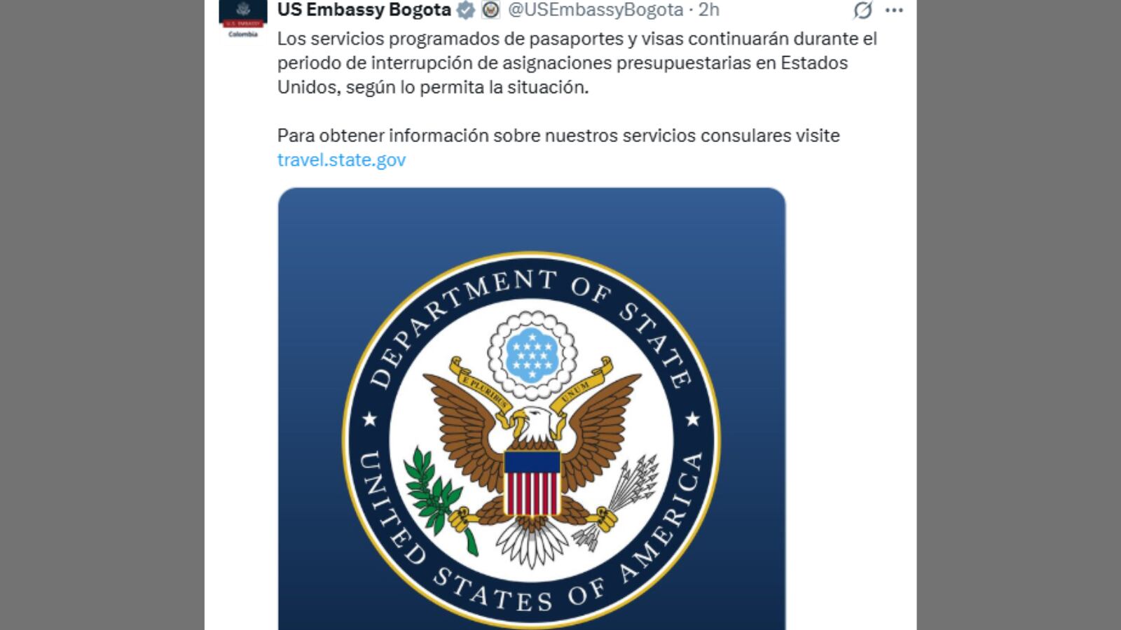 Comunicado oficial en redes de la Embajada de Estados Unidos en Colombia
