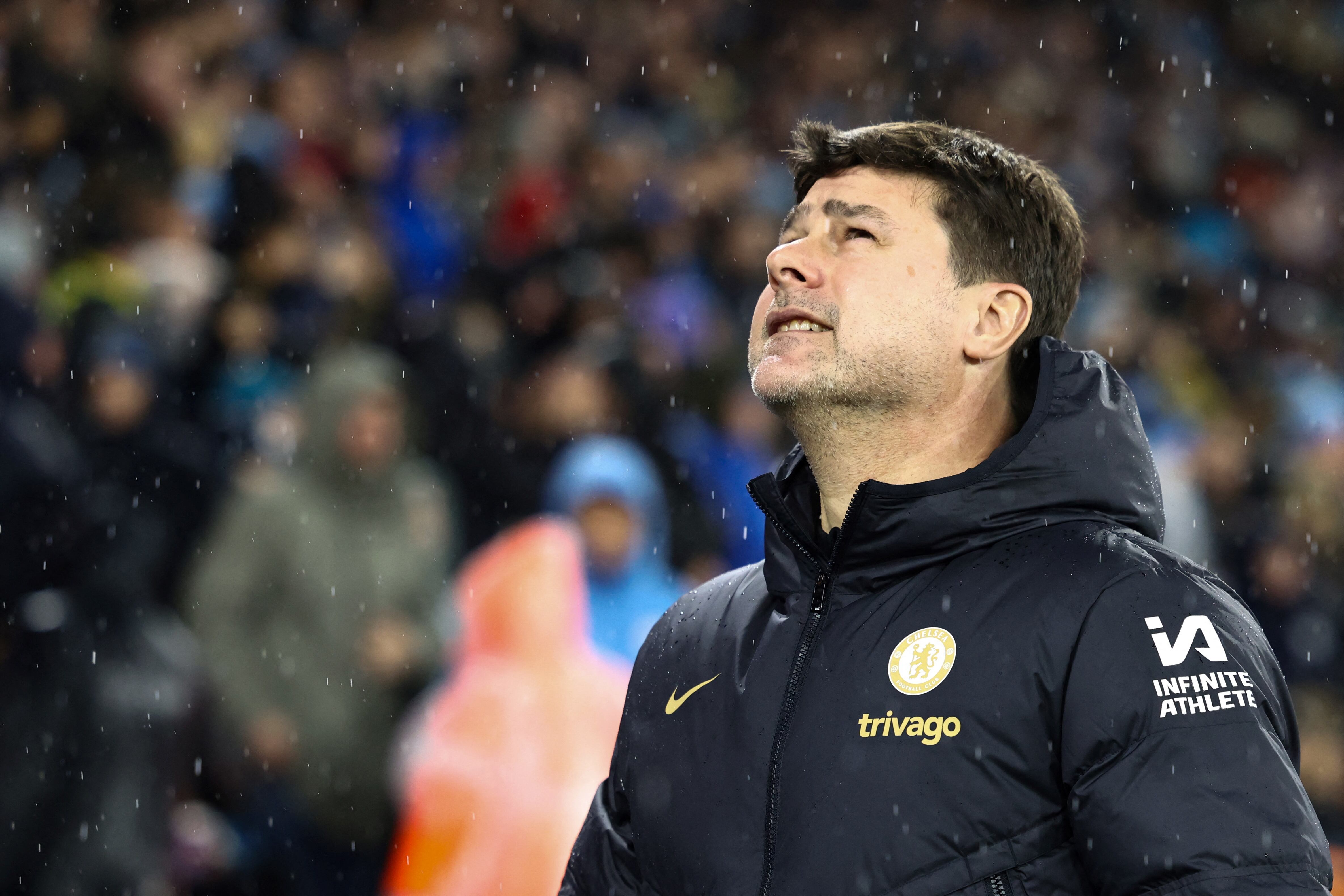 Chelsea's Argentinian head coach Mauricio Pochettino reacts prior to the English Premier League football match between Manchester City and Chelsea at the Etihad Stadium in Manchester, north west England, on February 17, 2024. (Photo by Darren Staples / AFP) / RESTRICTED TO EDITORIAL USE. No use with unauthorized audio, video, data, fixture lists, club/league logos or 'live' services. Online in-match use limited to 120 images. An additional 40 images may be used in extra time. No video emulation. Social media in-match use limited to 120 images. An additional 40 images may be used in extra time. No use in betting publications, games or single club/league/player publications. /