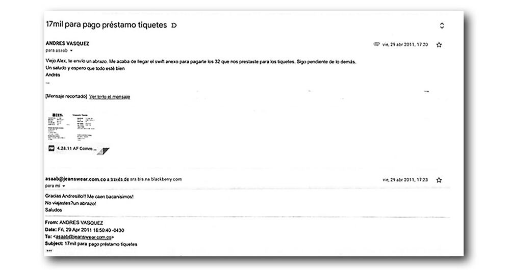     Andrés Vásquez le entregó a Álex Saab la copia del pago de 17.000 dólares que le había prestado a Córdoba para comprar tiquetes con el fin de llevar una comisión de 35 personas a un foro en Argentina.