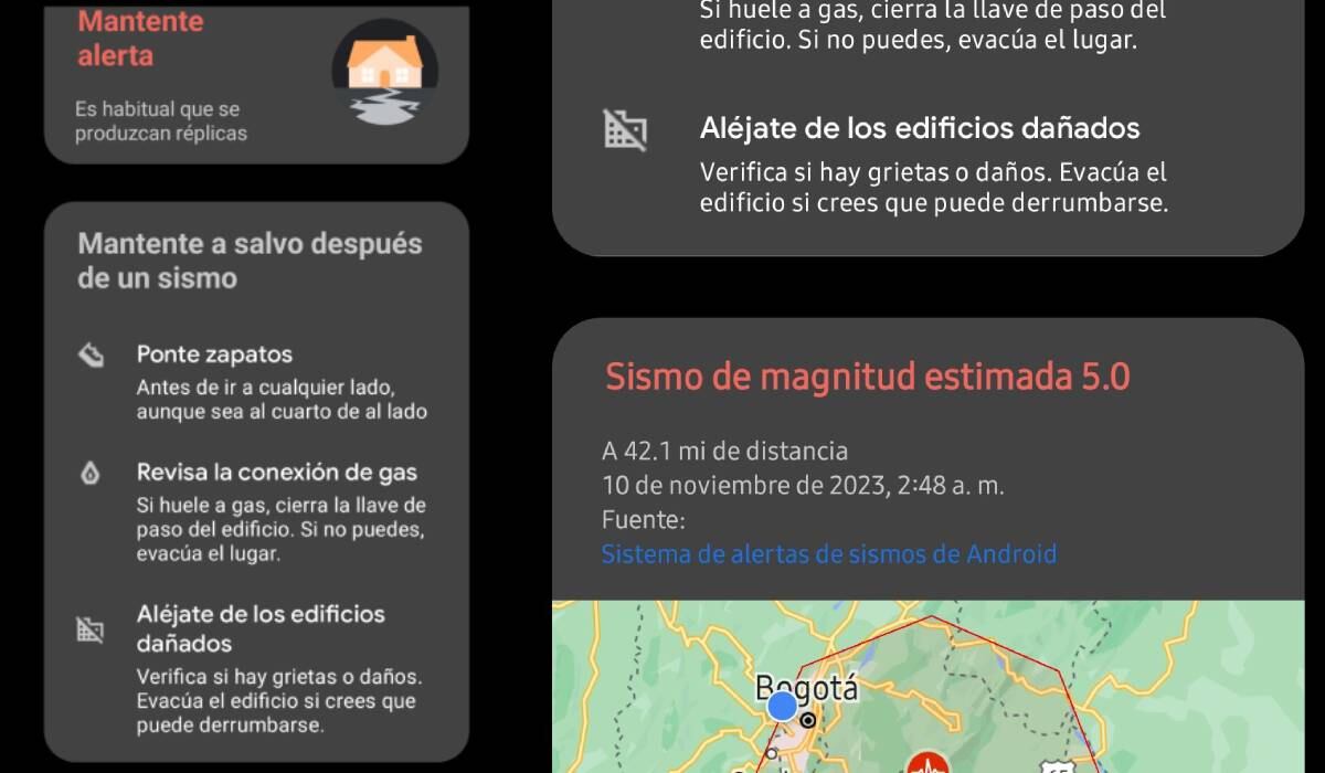 Alerta de sismo de Google emitida el 10 de noviembre de 2023