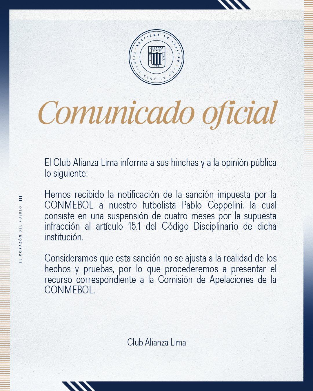 Comunicado oficial de Alianza Lima sobre la situación de Pablo Ceppelini.