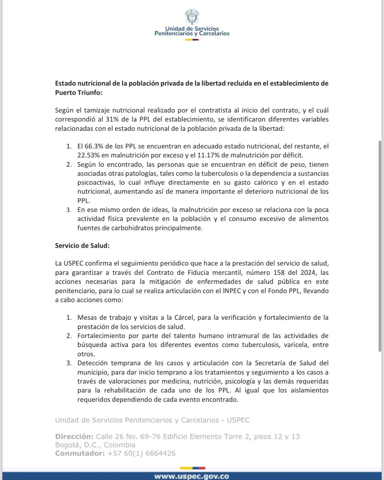 Comunicado USPEC sobre denuncias en cárcel El Pesebre en Puerto Triunfo, Antioquia.