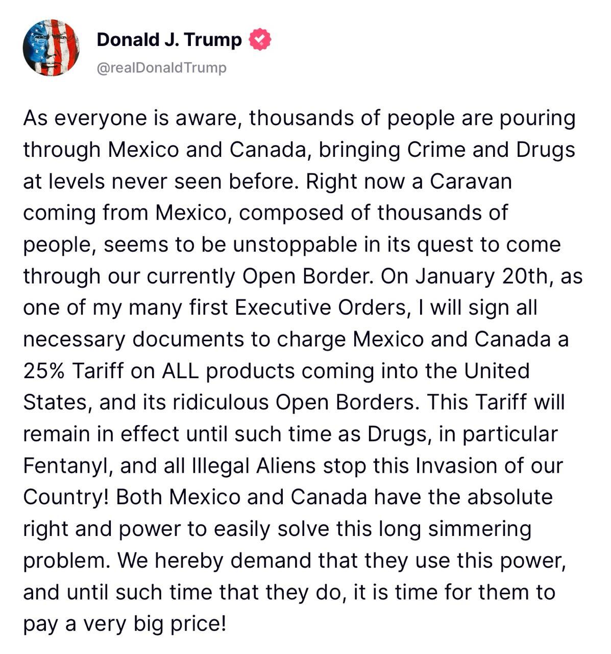 Tuit de Donald Trump anunciando aranceles a México y Canadá