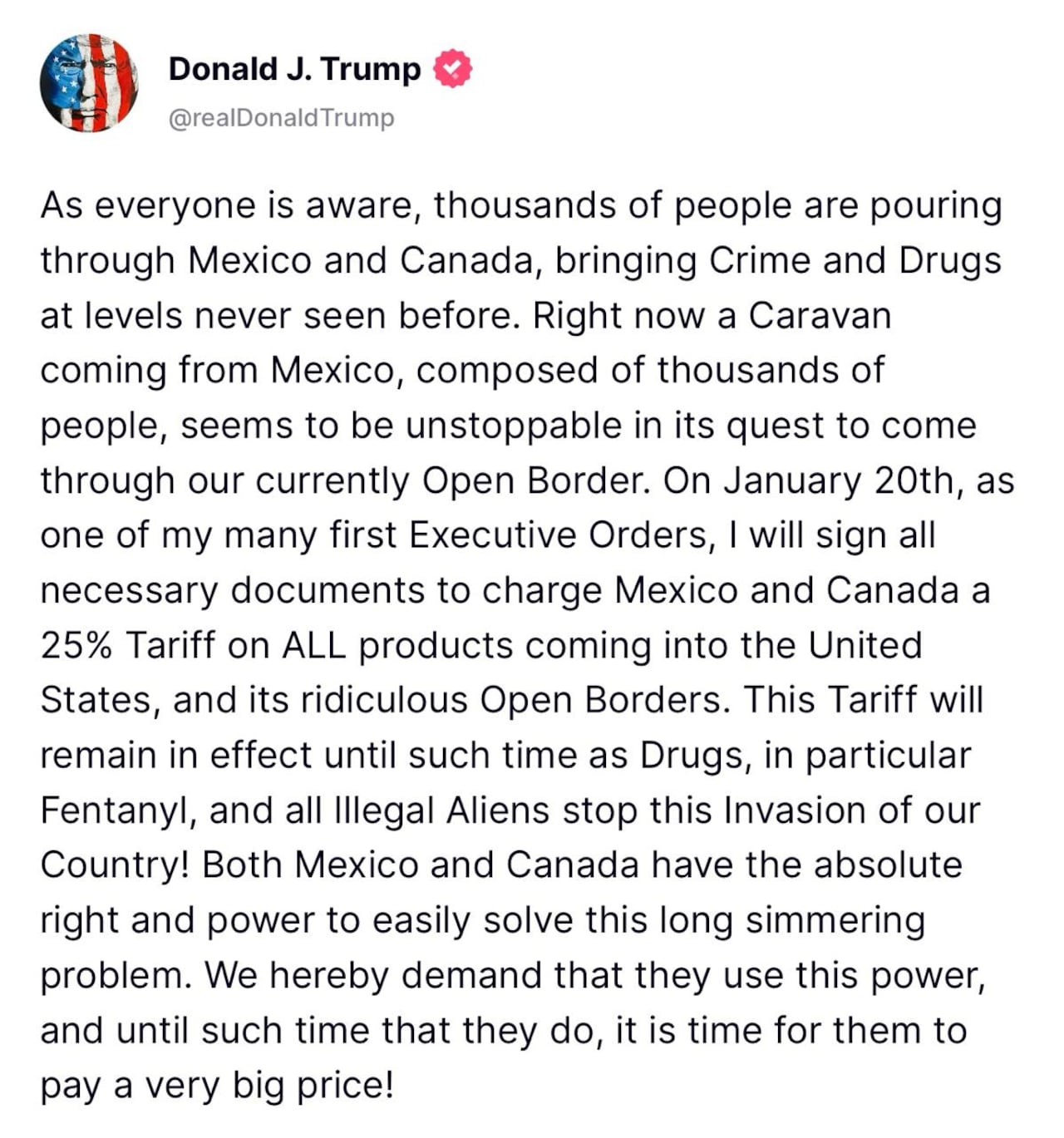 Tuit de Donald Trump anunciando aranceles a México y Canadá