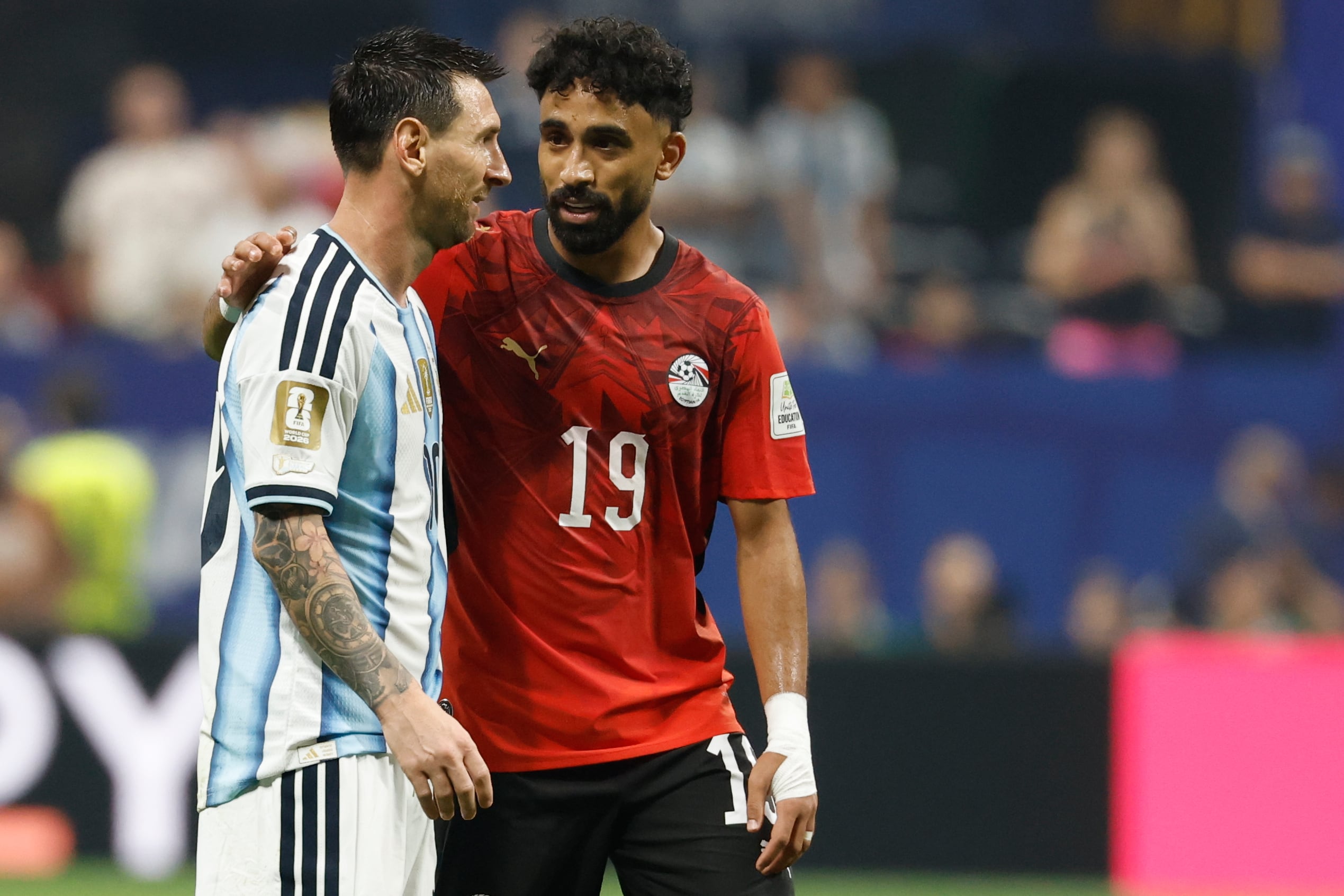 Argentina's Lionel Messi (10) and Egypt's Marawan Attia (19) during the World Cup round of 16 soccer match between Argentina and Egypt in Atlanta, Tuesday, July 7, 2026. (AP Photo/Erik S. Lesser)
