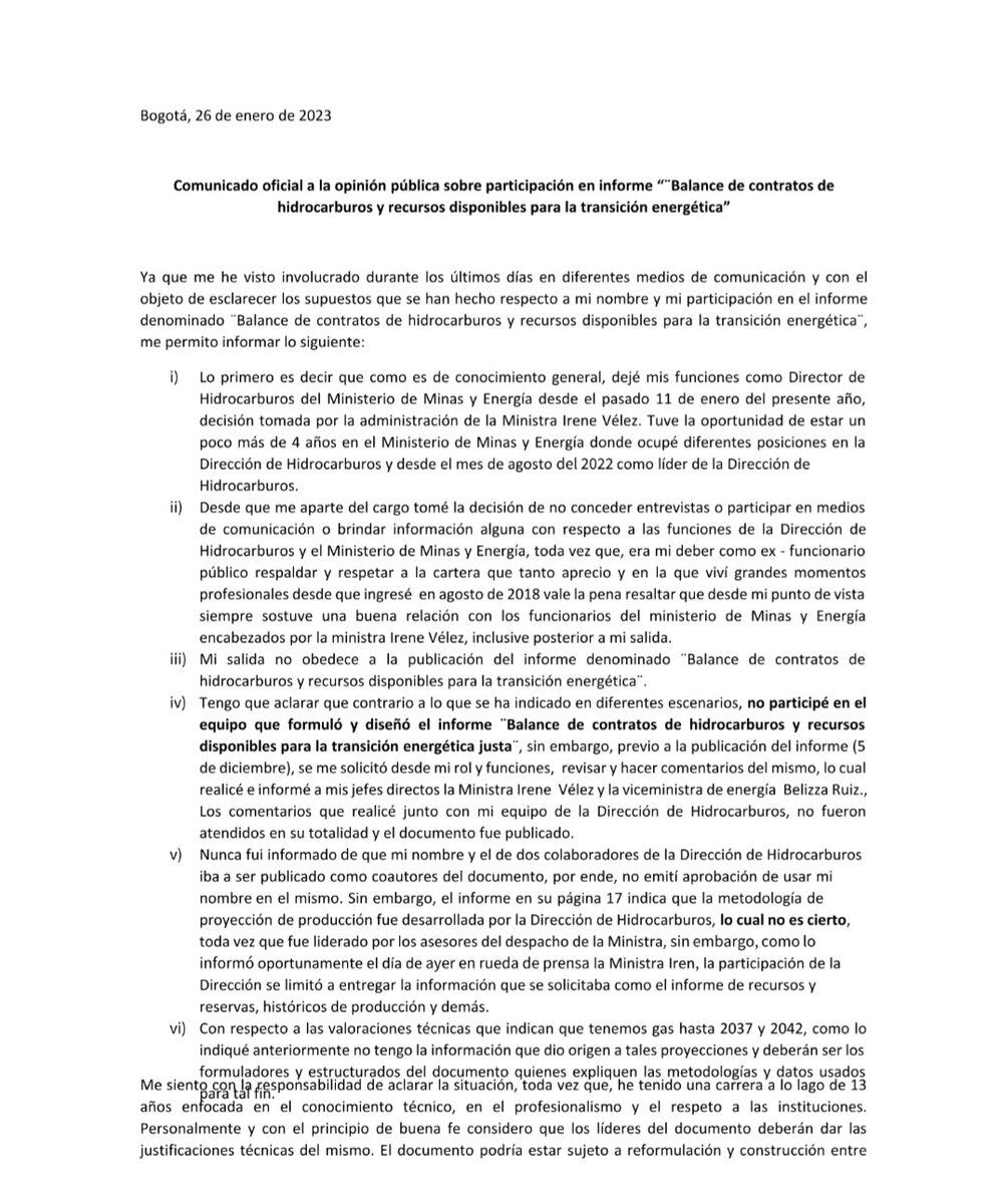 Comunicado de Camilo Rincón, exdirector de Hidrocarburos del MinMinas.