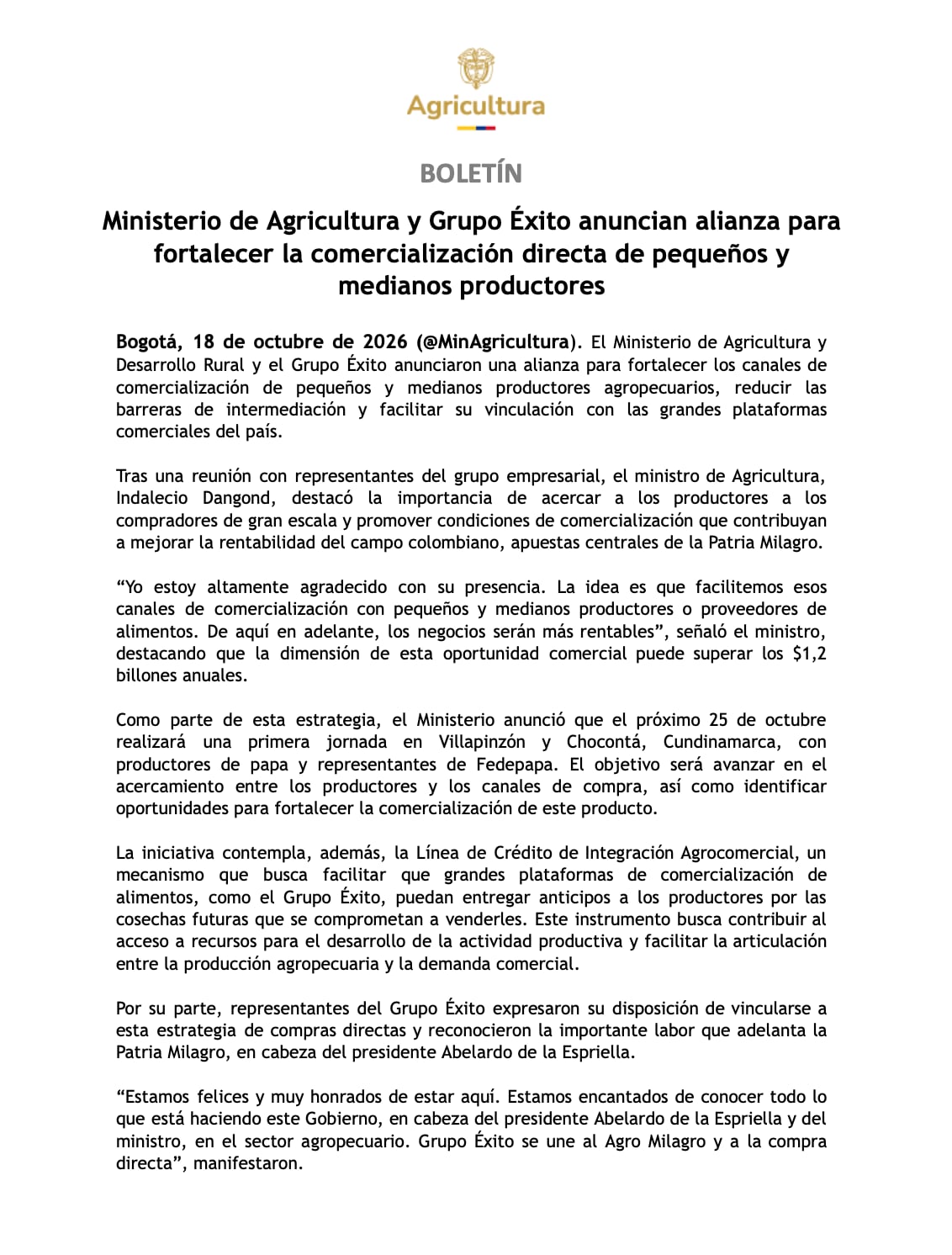 Ministerio de Agricultura y Grupo Éxito.