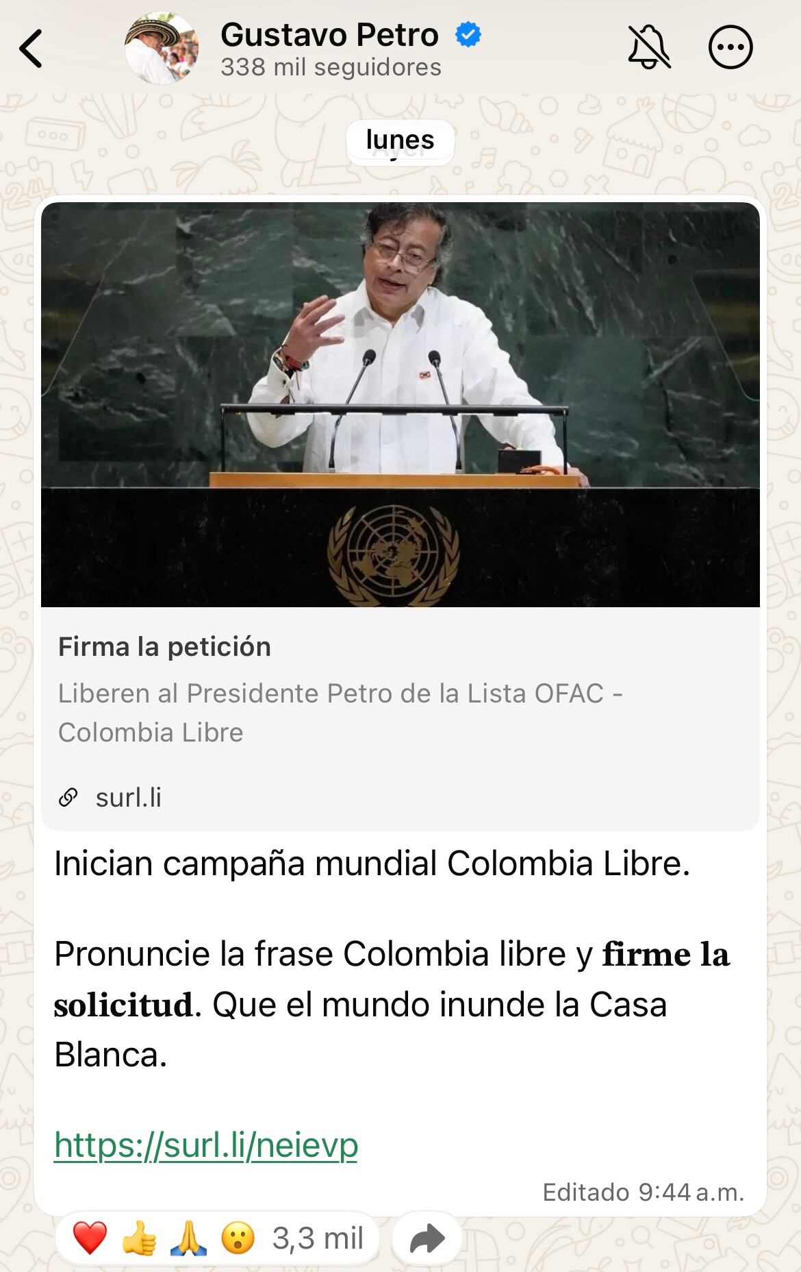 Pantallazo al canal de WhatsApp del presidente Gustavo Petro