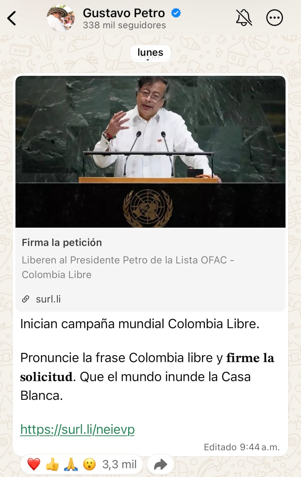 Pantallazo al canal de WhatsApp del presidente Gustavo Petro