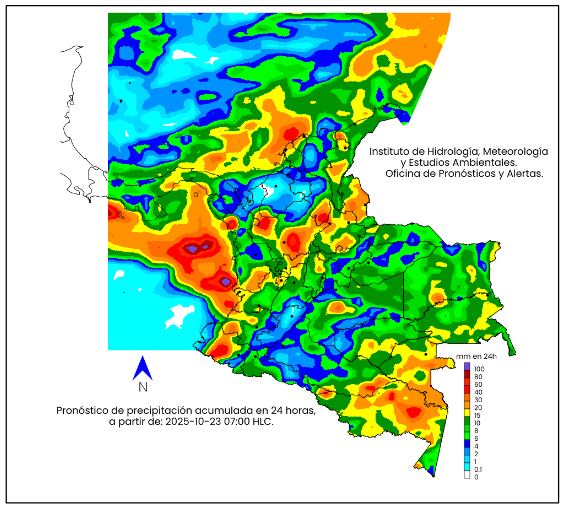 La escala de colores indica la cantidad de precipitación acumulada para el jueves 23 de octubre de 2025