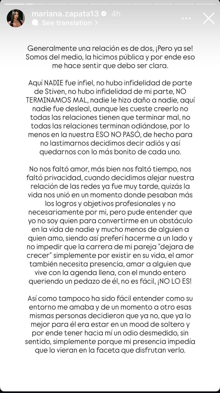 Mariana Zapata afirmó que no hubo infidelidad en su relación con Mr. Stiven, pero que decidieron terminar.