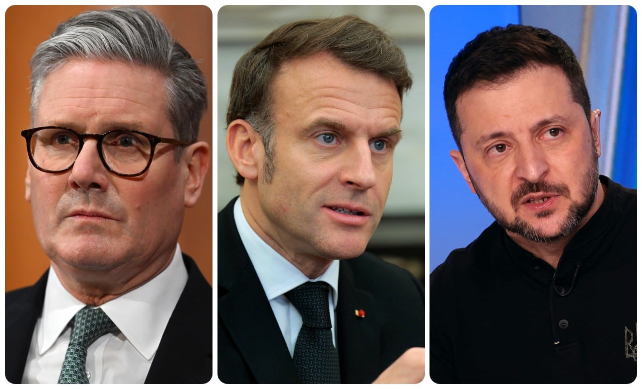 Primer Ministro de Reino Unido, Keir Starmer, Presidente de Francia Emanuel Macron y Volodimir Zelenski, presidente de Ucrania