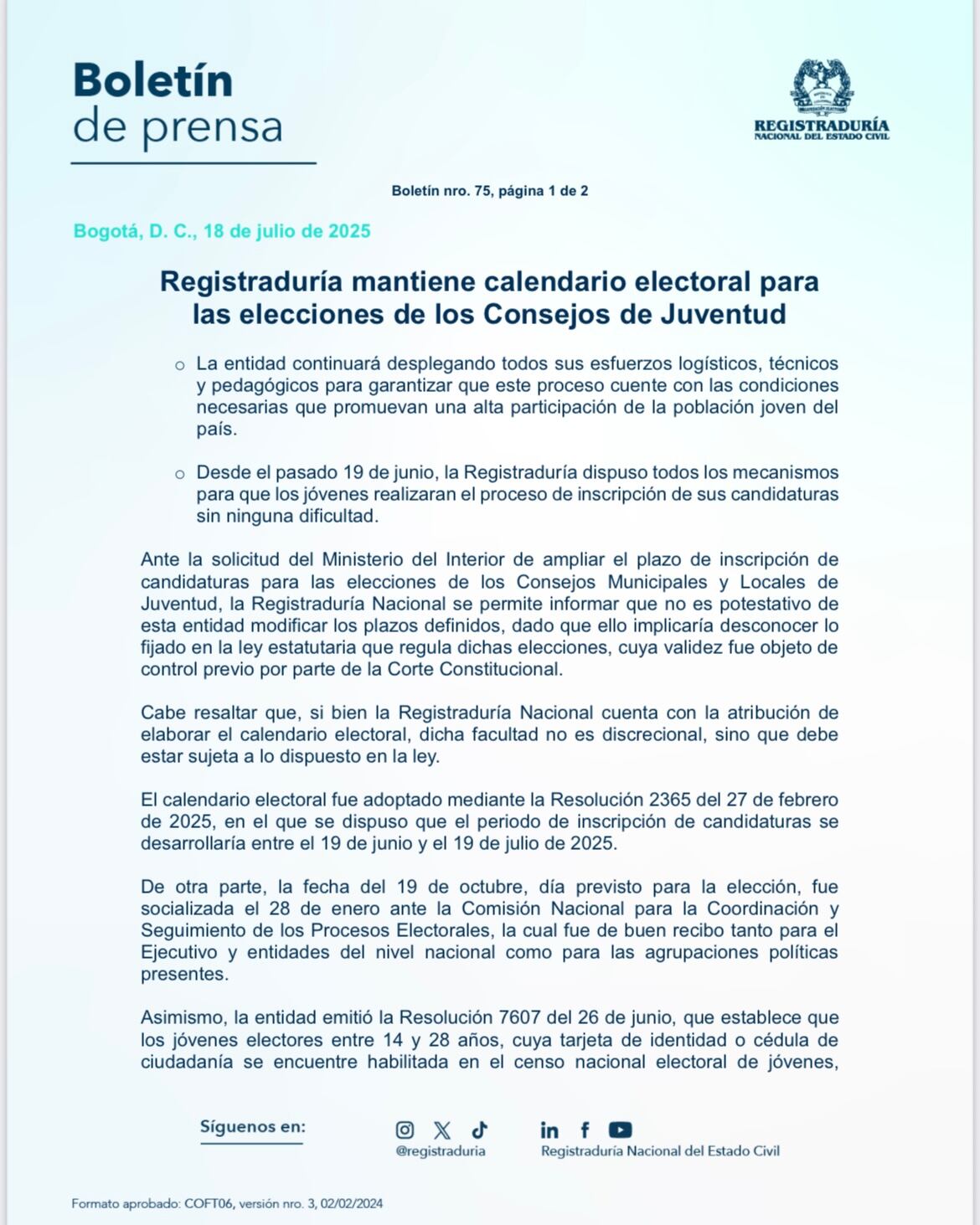 Comunicado Registraduría