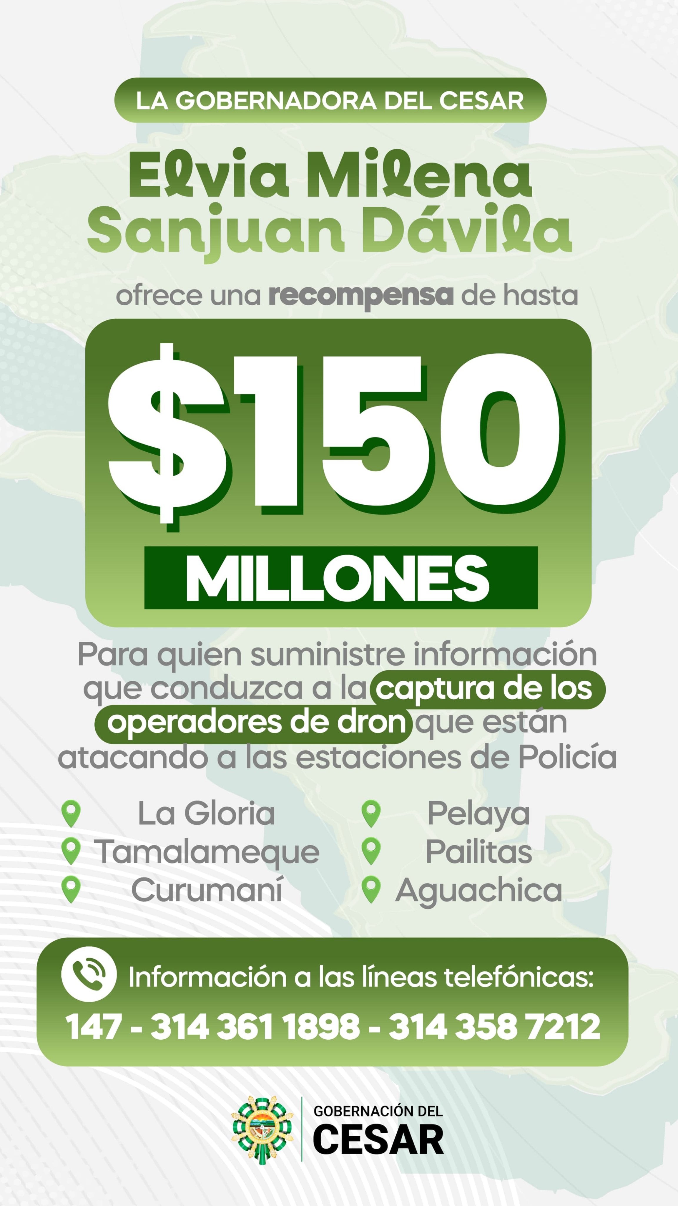Recompensa Gobernación del Cesar.
