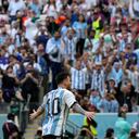 Argentina's Lionel Messi celebrates after scoring his side's opening goal from penalty spot during the World Cup group C soccer match between Argentina and Saudi Arabia at the Lusail Stadium in Lusail, Qatar, Tuesday, Nov. 22, 2022. (AP Photo/Ricardo Mazalan)