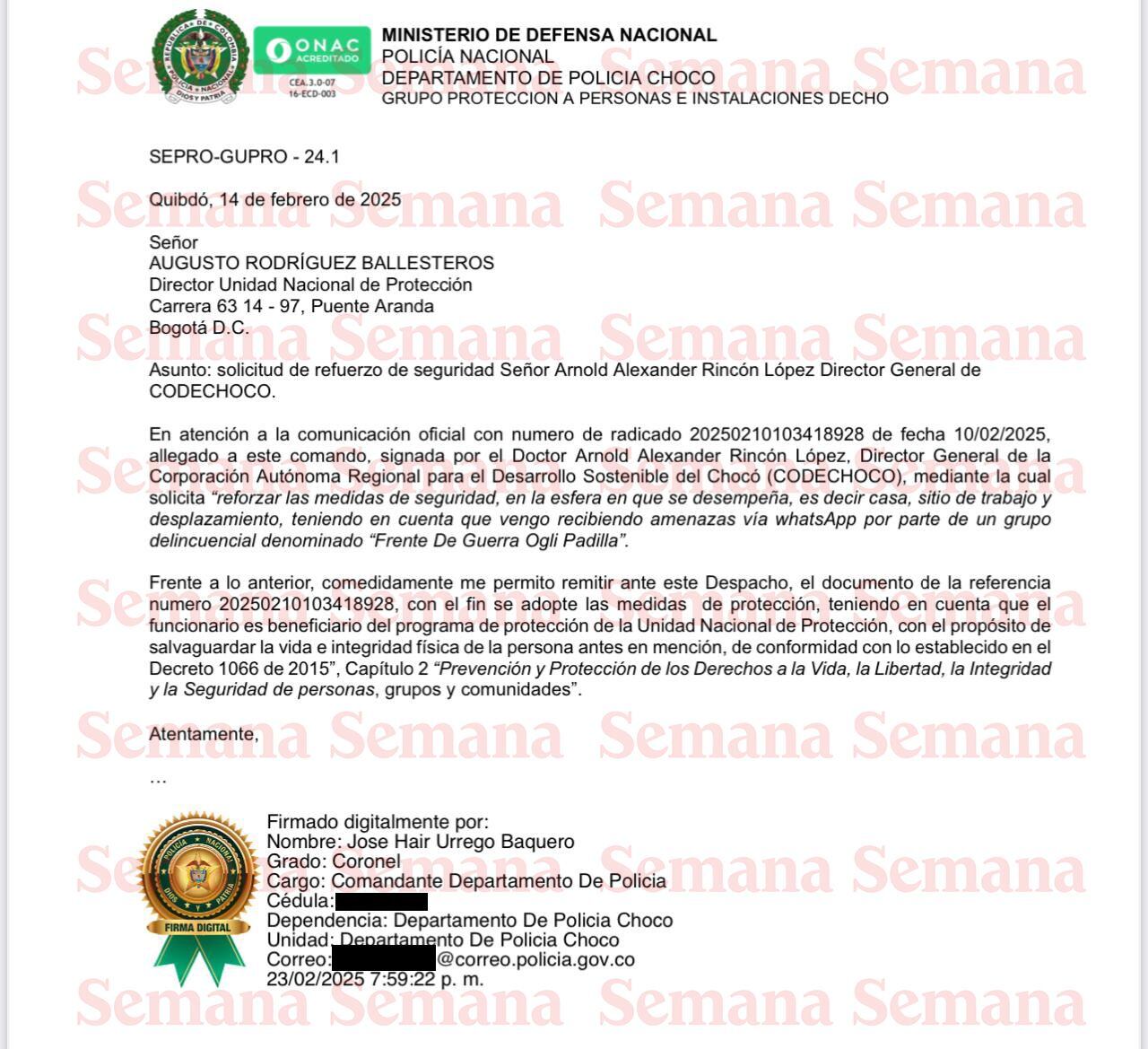 La Policía Nacional había advertido riesgos en la seguridad del director de Codechocó, Arnold Alexander Rincón, quien fue secuestrado.