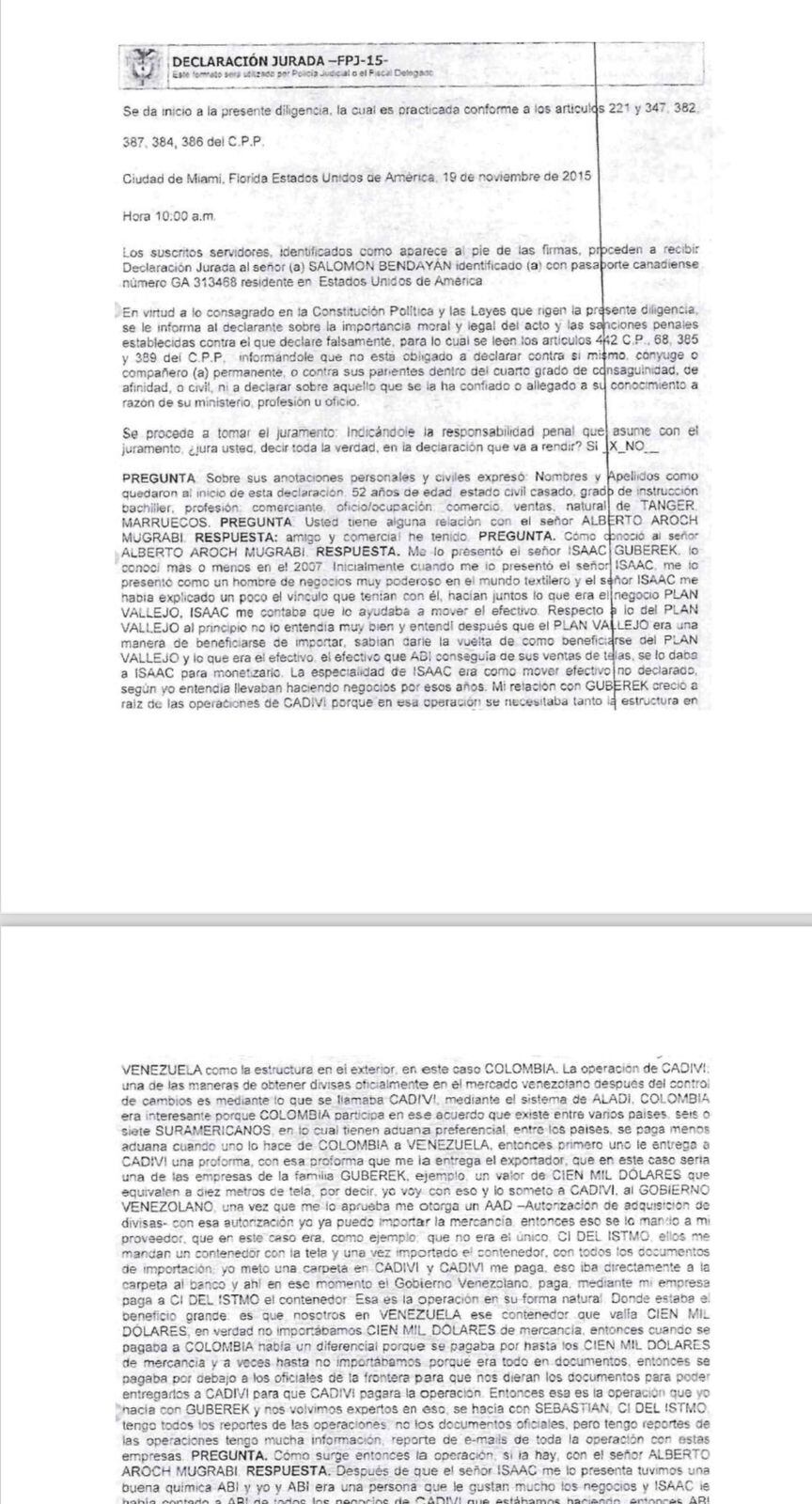 Declaración Salomón Bendayán,