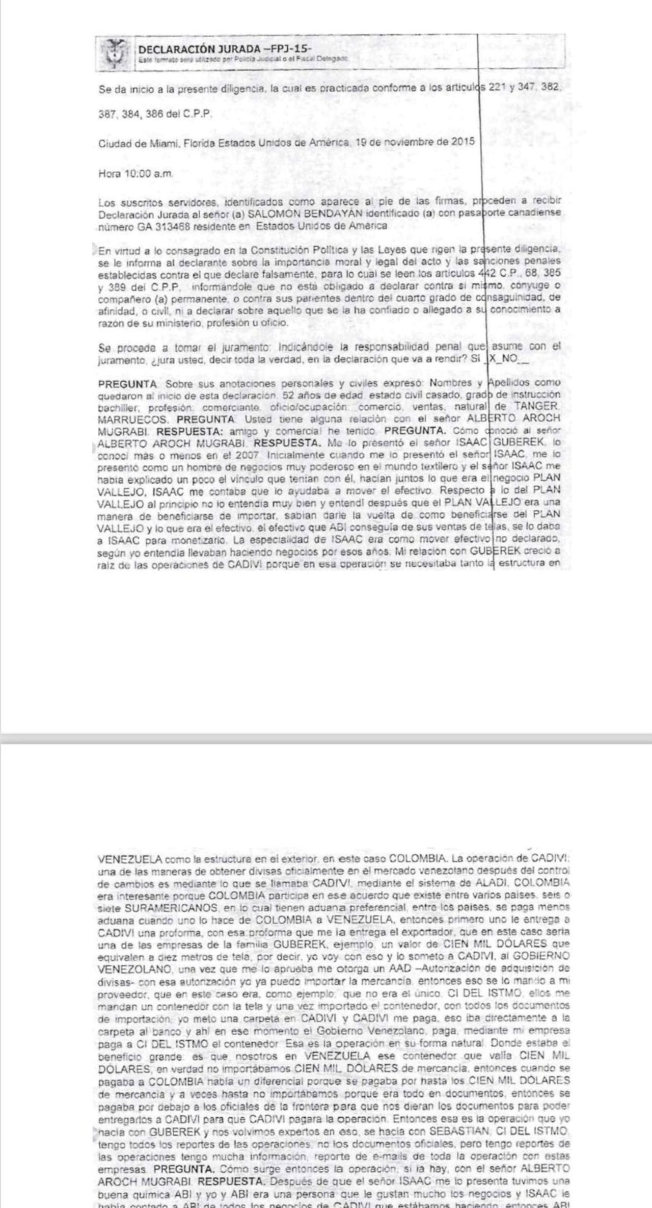 Declaración Salomón Bendayán,