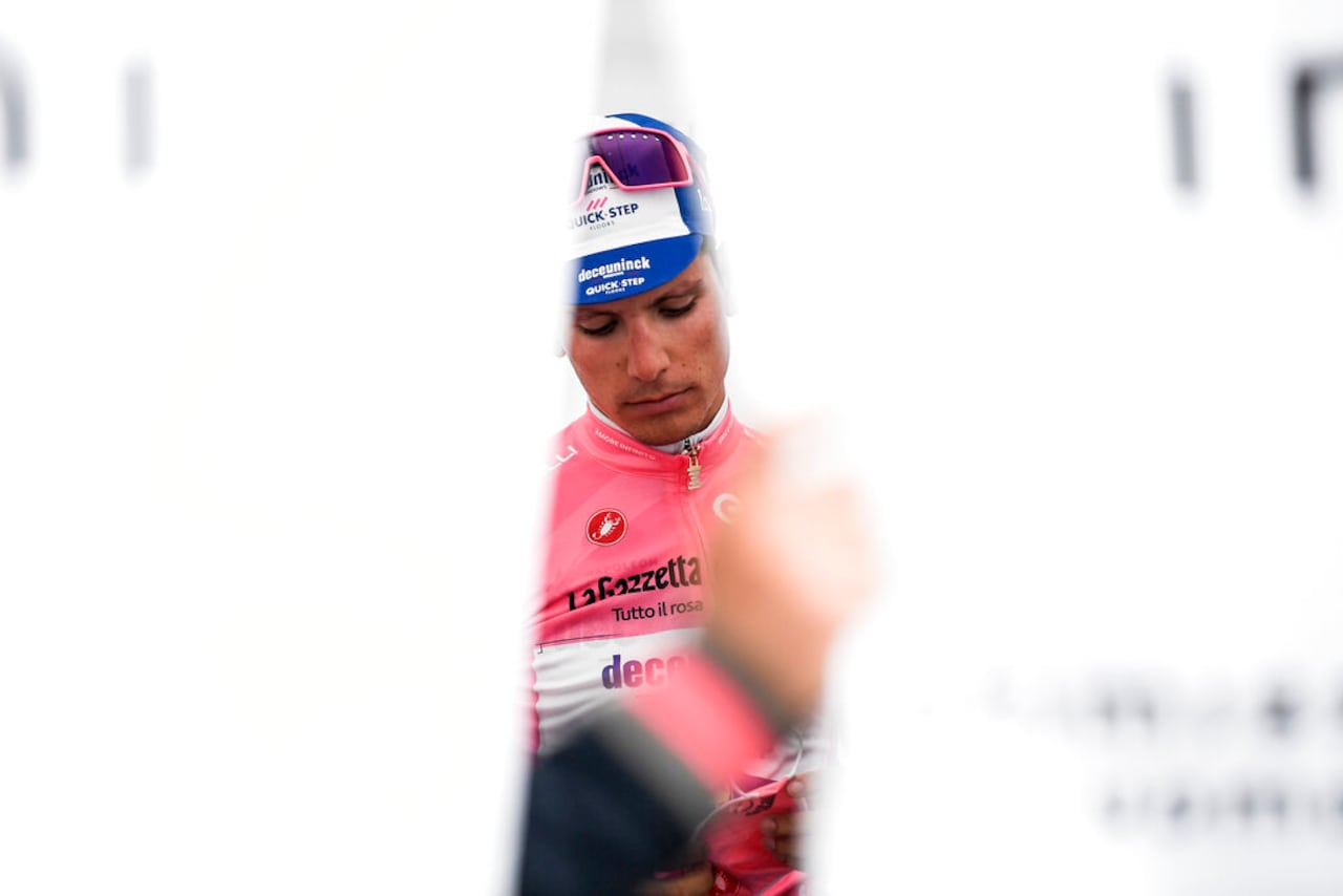 Portugal's Joao Almeida after he retained the pink jersey of leader of the race in the 11th stage of the Giro d'Italia cycling race, from Porto Sant'Elpidio to Rimini, Italy, Wednesday, Oct. 14, 2020. (Marco Alpozzi/LaPresse via AP)